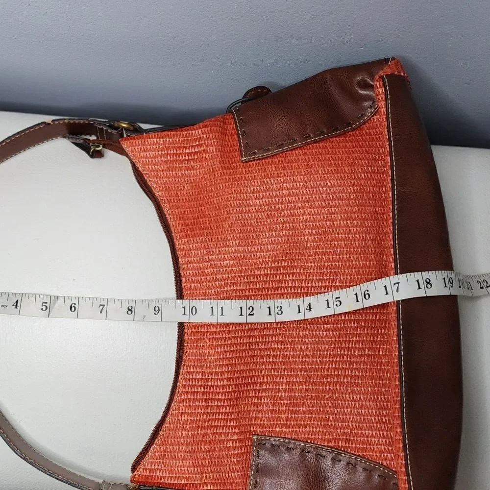 Fossil Woven Straw Brwn Leather Hobo Boho Tote Shoulder Hand Bag Purse 75082